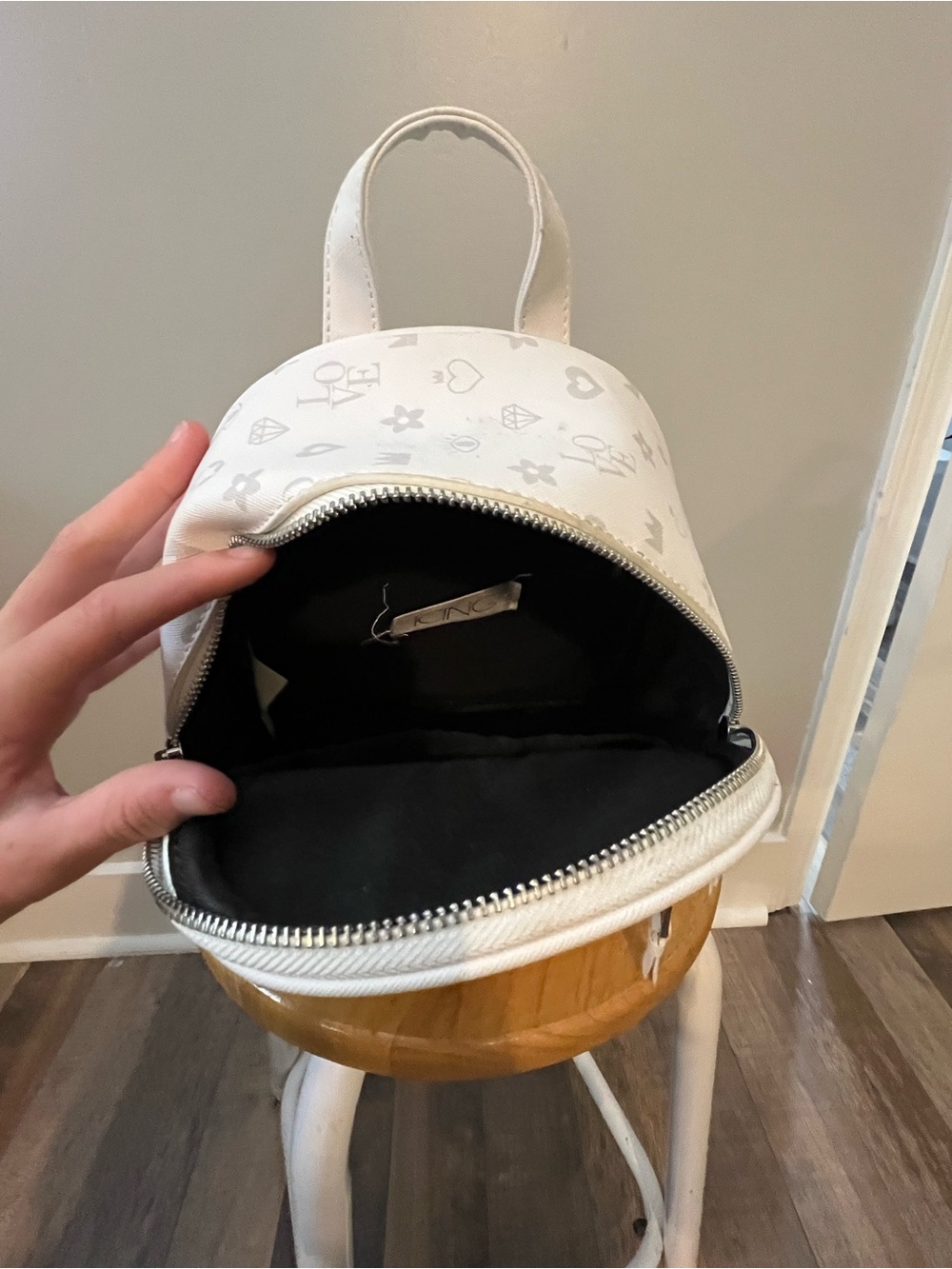 Claire's White Mini Backpack with Light Gray Icon Print - Picture 4 of 5
